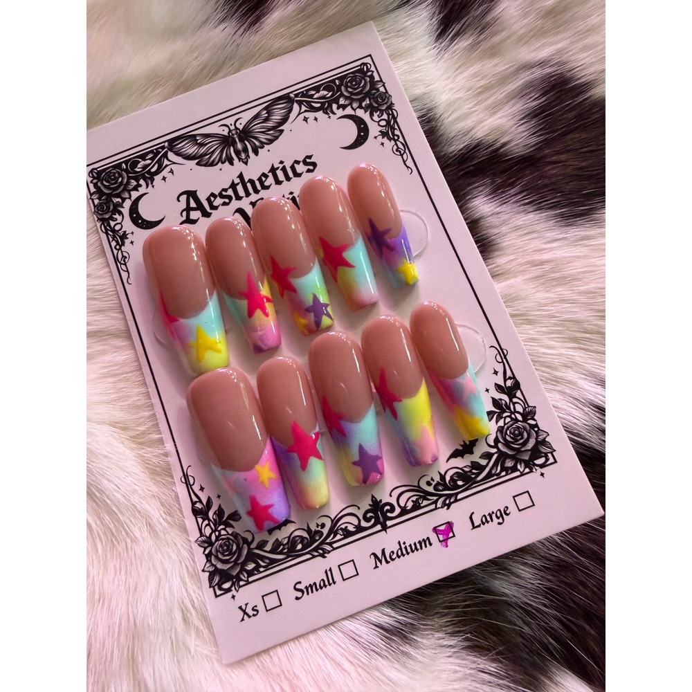 Aesthetics Press On Nails Long Coffin French Tip Colorful Airbrush Stars‎ Medium
